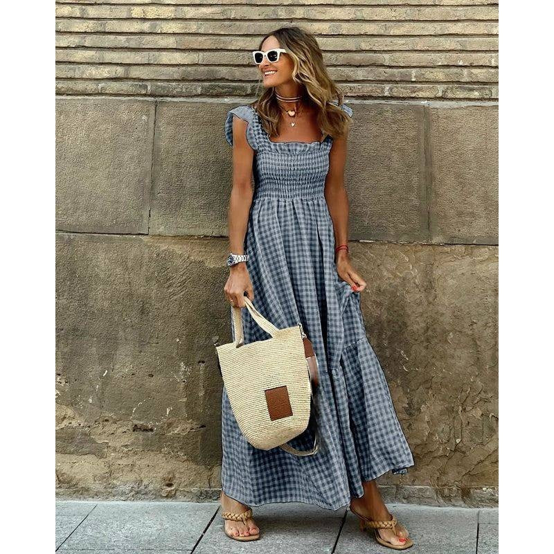 Plaid Maxi Dress with Smocked Waist and Ruffled Sleeves