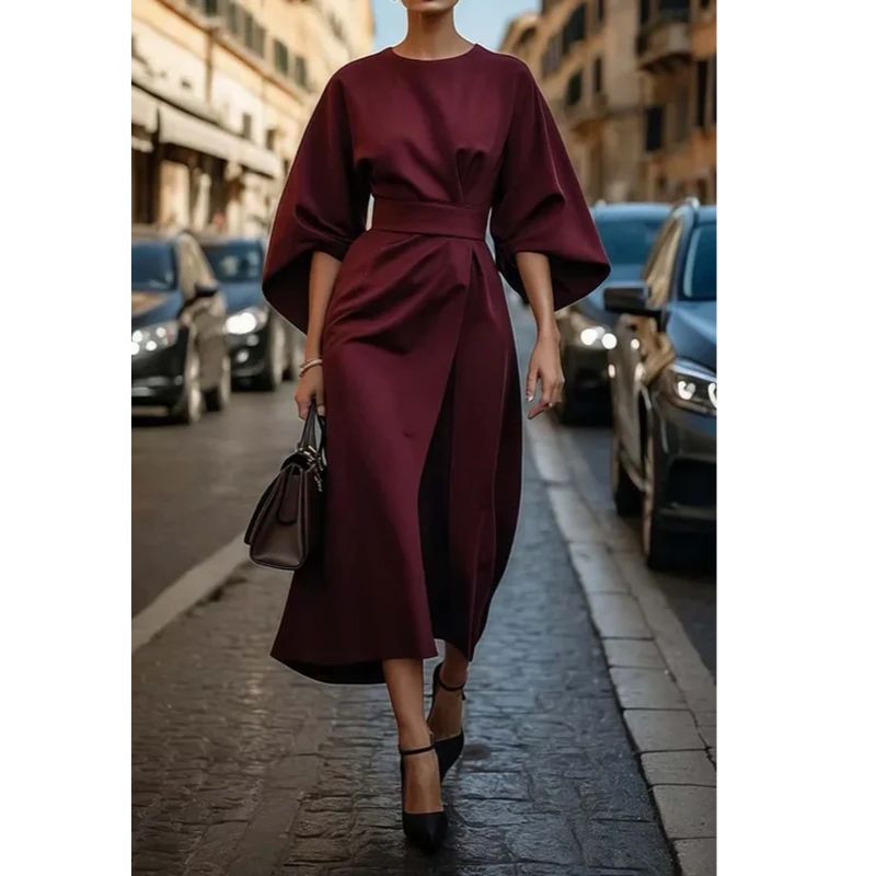 Lantern Sleeve Dress with Adjustable Waist Tie and Flowing Silhouette, Lightweight Fabric