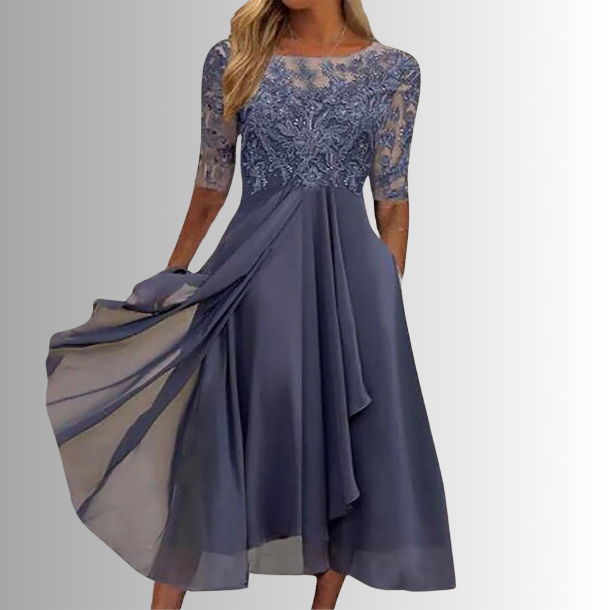Lace A-Line Dress with Layered Feather Skirt, Back Zipper