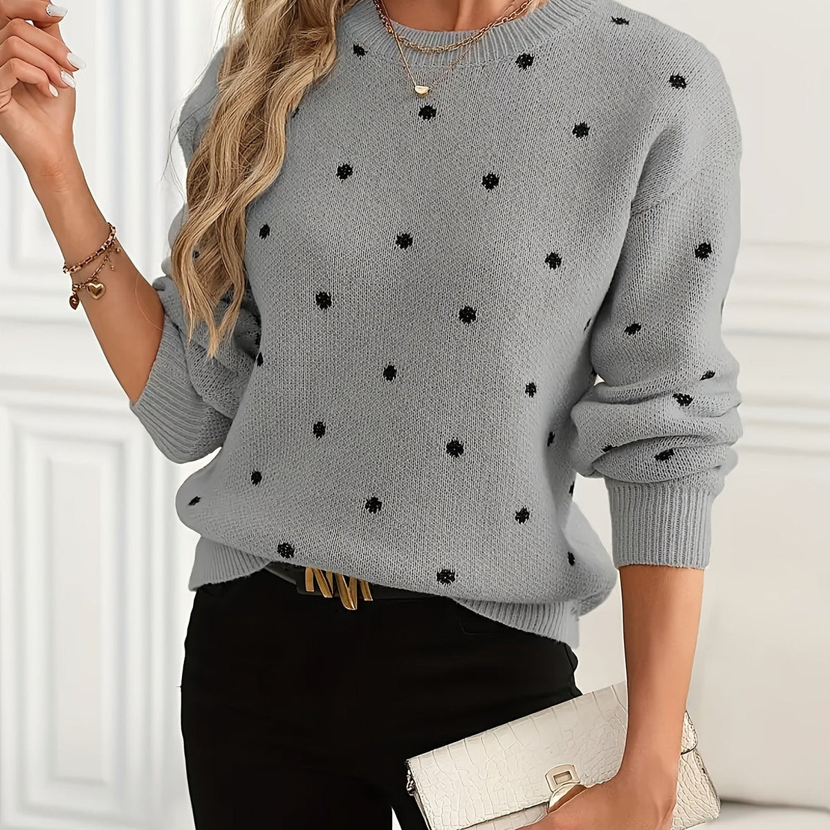 Polka Dot Crew Neck Sweater with Light Stretch Knit and Relaxed Fit