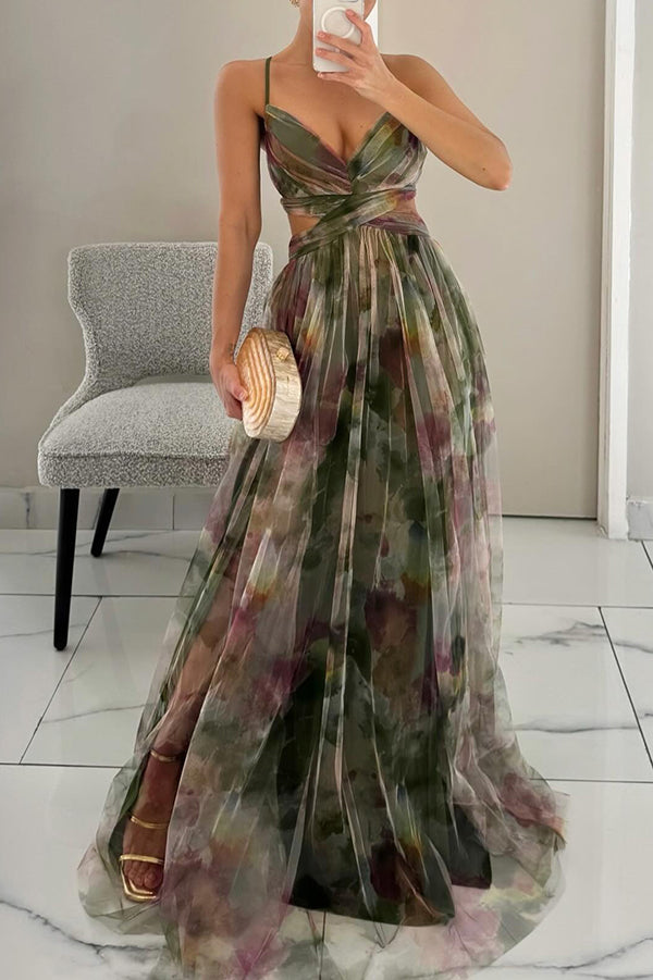 Women's Maxi Dress β Multicolor, Thin Straps, V-Neck, Fluid Silhouette
