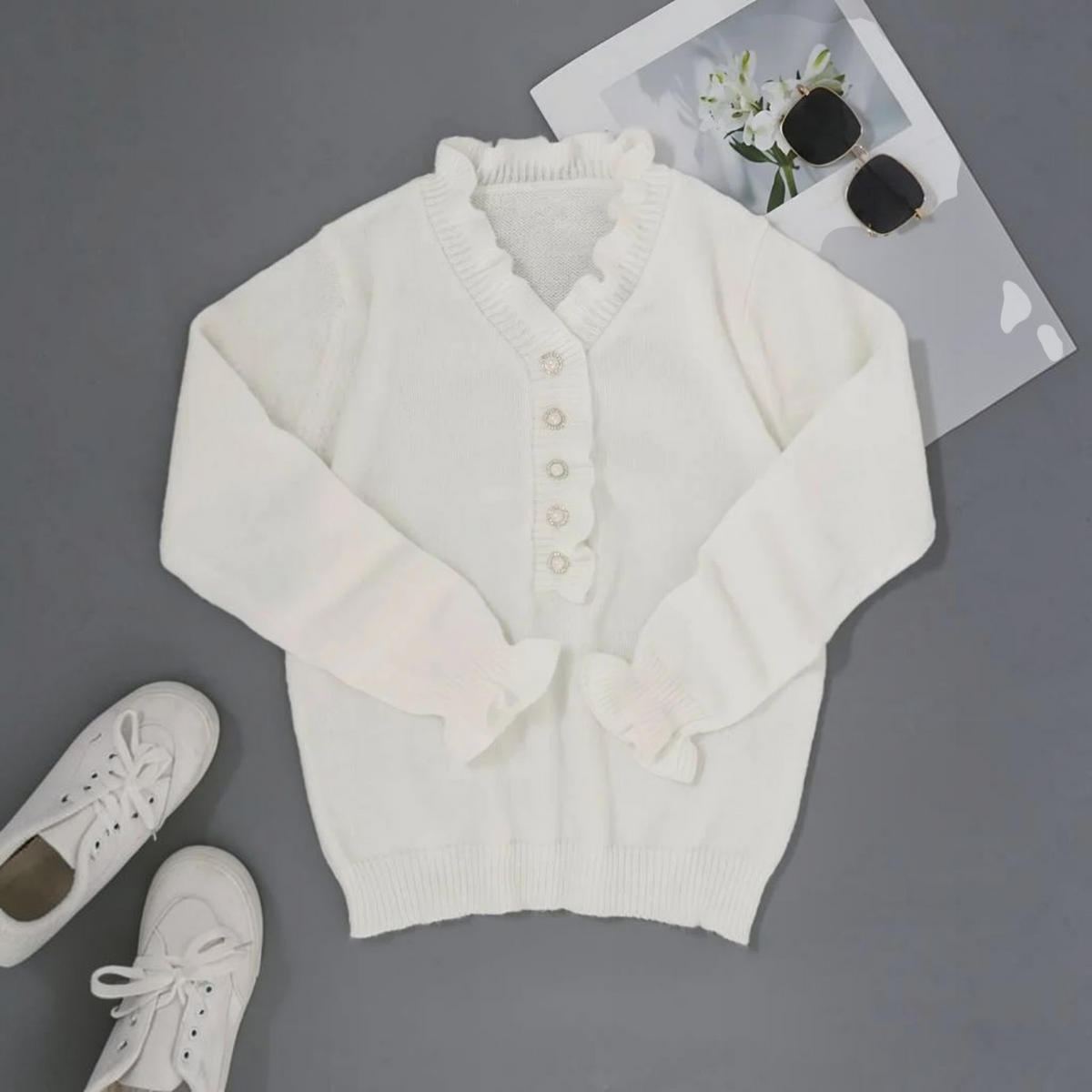 Womens Ruffle Blouse with Decorative Front Buttons and Relaxed Fit, Woven Blend