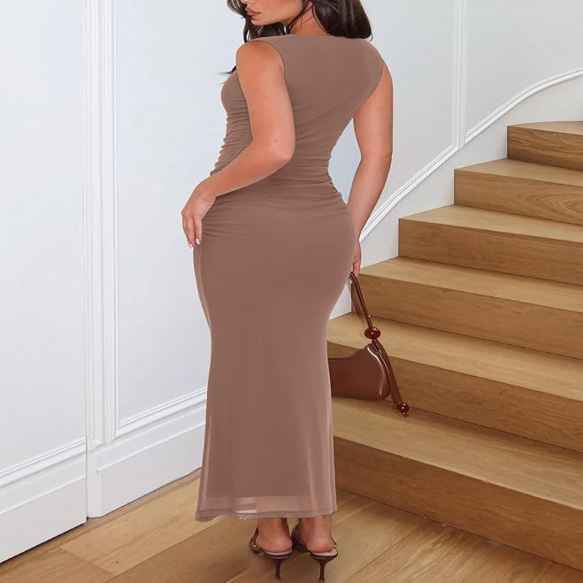 Bodycon Maxi Dress with Square Neckline and Side Ruching for Weddings All Vera Mart