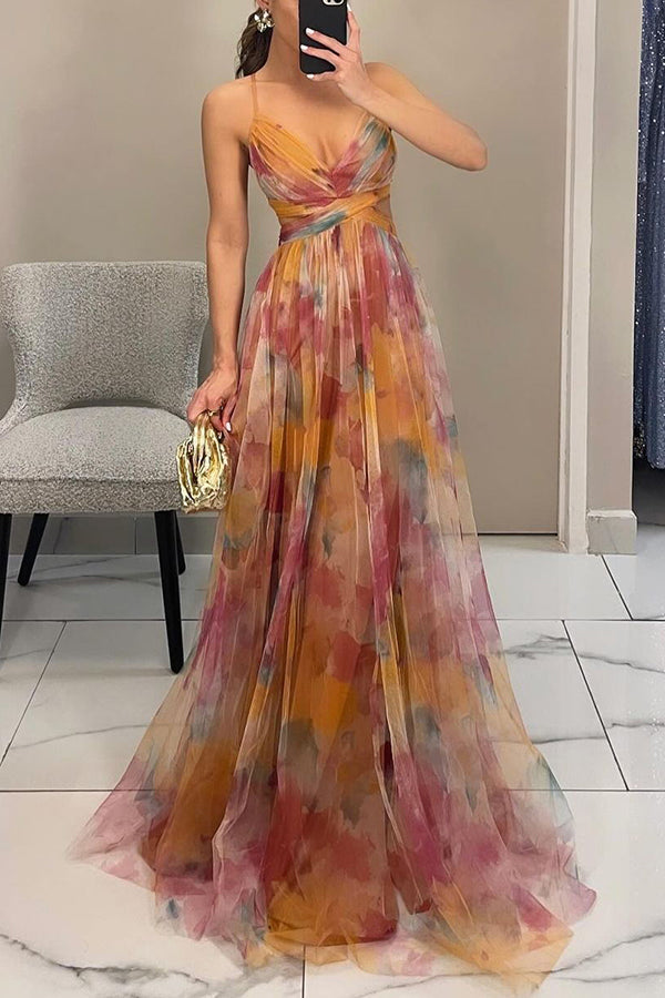 Women's Maxi Dress β Multicolor, Thin Straps, V-Neck, Fluid Silhouette