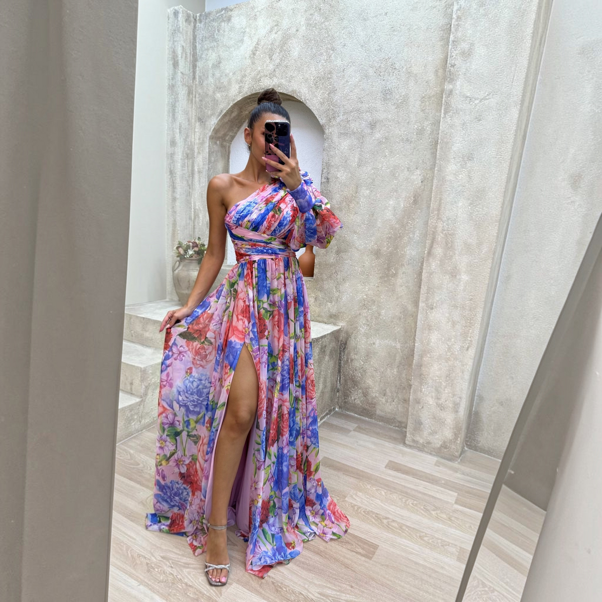 One-Shoulder Floral Dress with Flowy Skirt and Lightweight Woven Fabric, Machine Washable