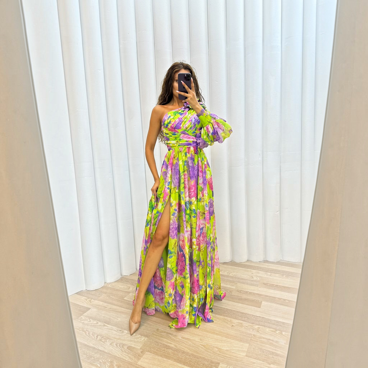 One-Shoulder Floral Dress with Flowy Skirt and Lightweight Woven Fabric, Machine Washable