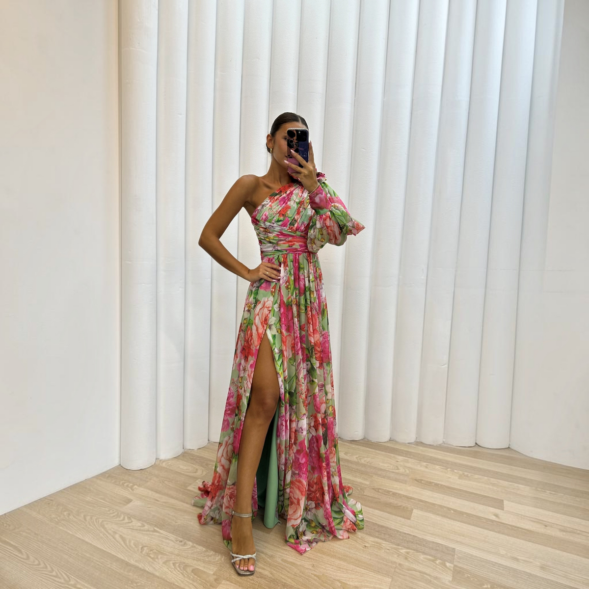 One-Shoulder Floral Dress with Flowy Skirt and Lightweight Woven Fabric, Machine Washable