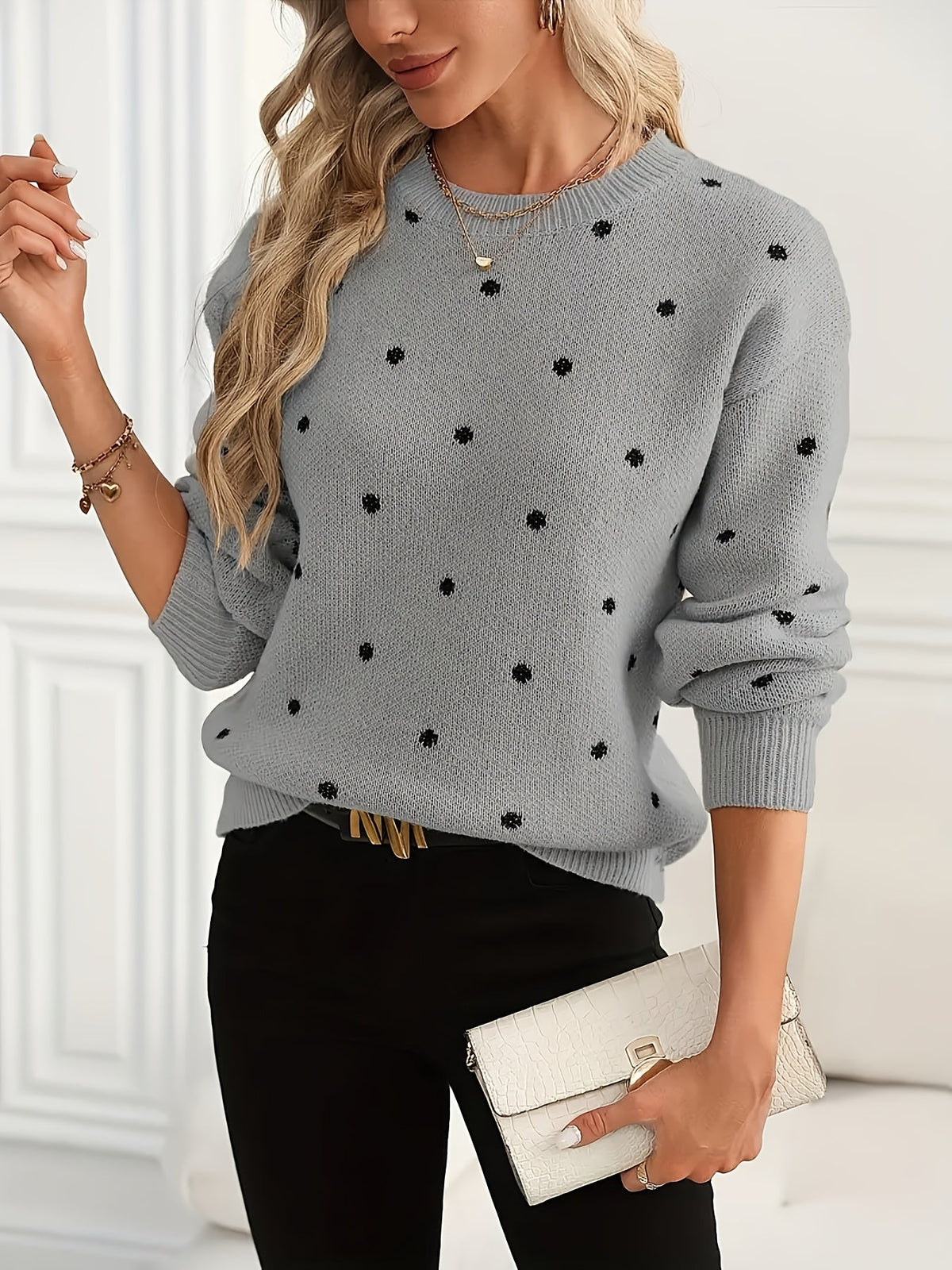Polka Dot Crew Neck Sweater with Light Stretch Knit and Relaxed Fit