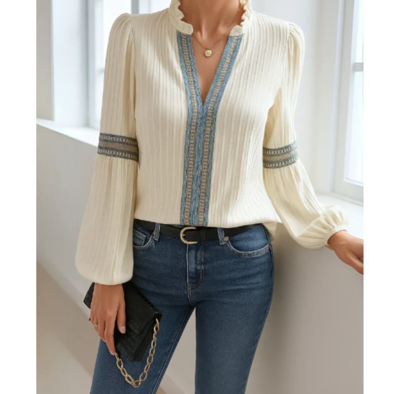 Womens Cotton Blend V-Neck Blouse with Pleated Shoulders and Relaxed Fit