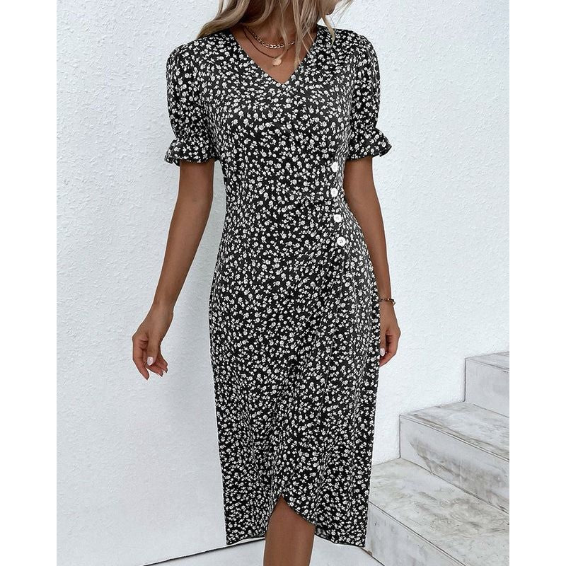 Floral Print Wrap Dress with V-Neck and Adjustable Tie Closure