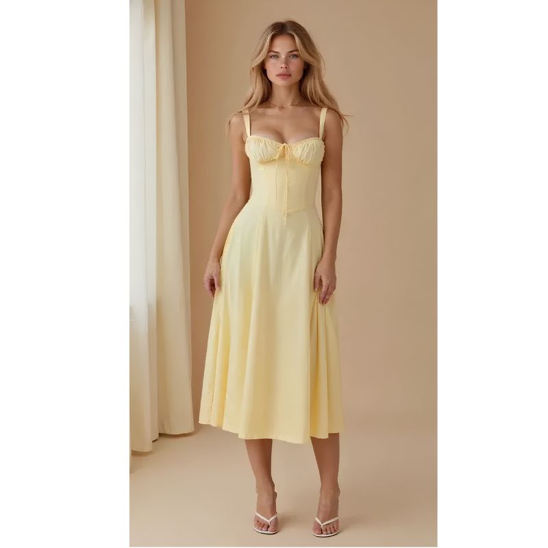 Womens Bustier Midi Dress with Spaghetti Straps and Fitted Waist
