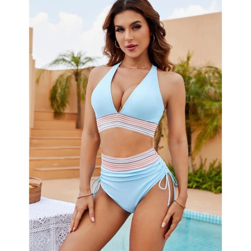 Womens High Waisted Swimwear Bottom with Structured Band and Adjustable Side Ties