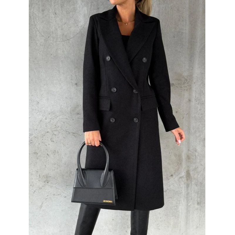 Womens Wool Winter Coat with Double-Breasted Button Front and Structured Shoulders