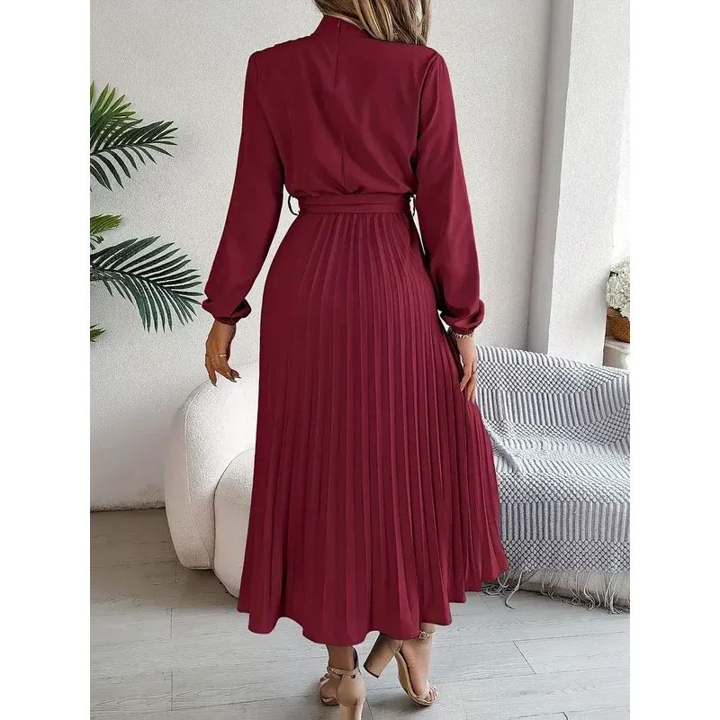 Long Sleeve Pleated Dress with Removable Belt and Hidden Zipper, Lightweight Polyester