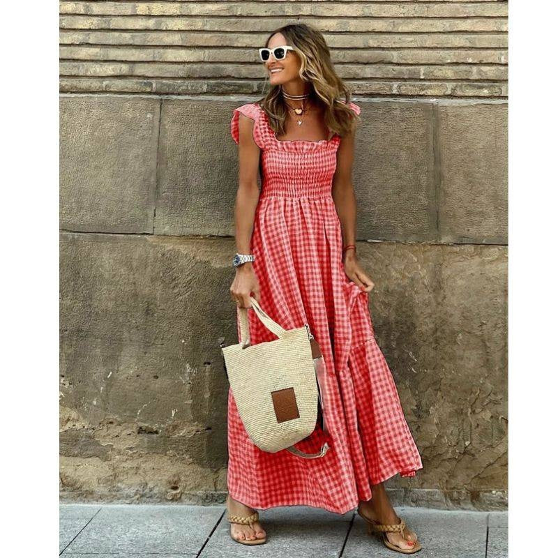 Plaid Maxi Dress with Smocked Waist and Ruffled Sleeves