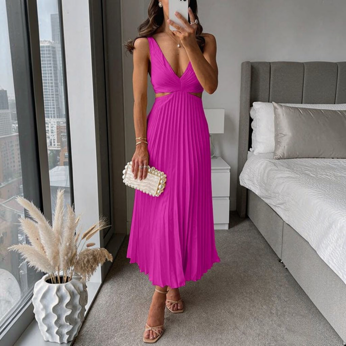Pleated Midi Dress with Relaxed Flowing Fit and Breathable Lightweight Fabric, Hand Wash