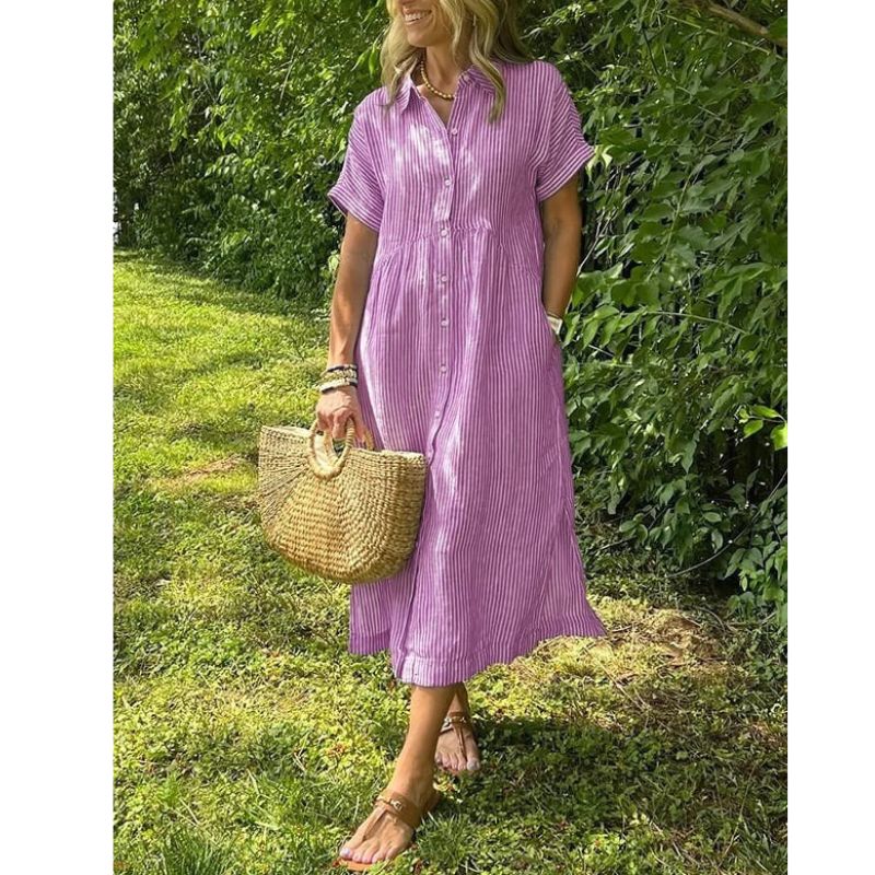 Button-Up Shirt with Collar and Vertical Stripes, Long Sleeve Relaxed Fit