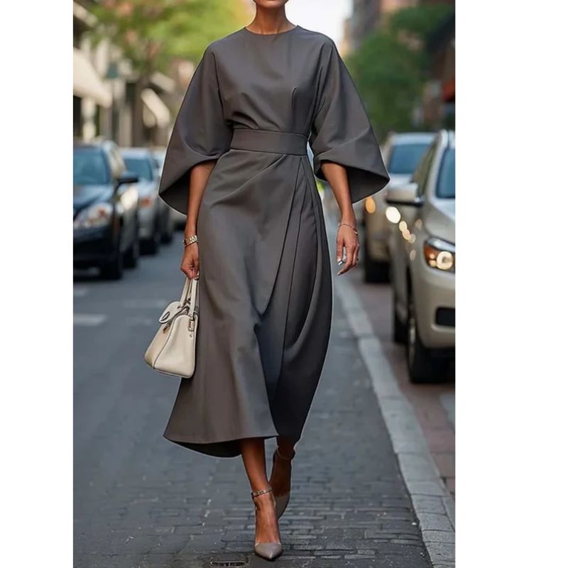Lantern Sleeve Dress with Adjustable Waist Tie and Flowing Silhouette, Lightweight Fabric