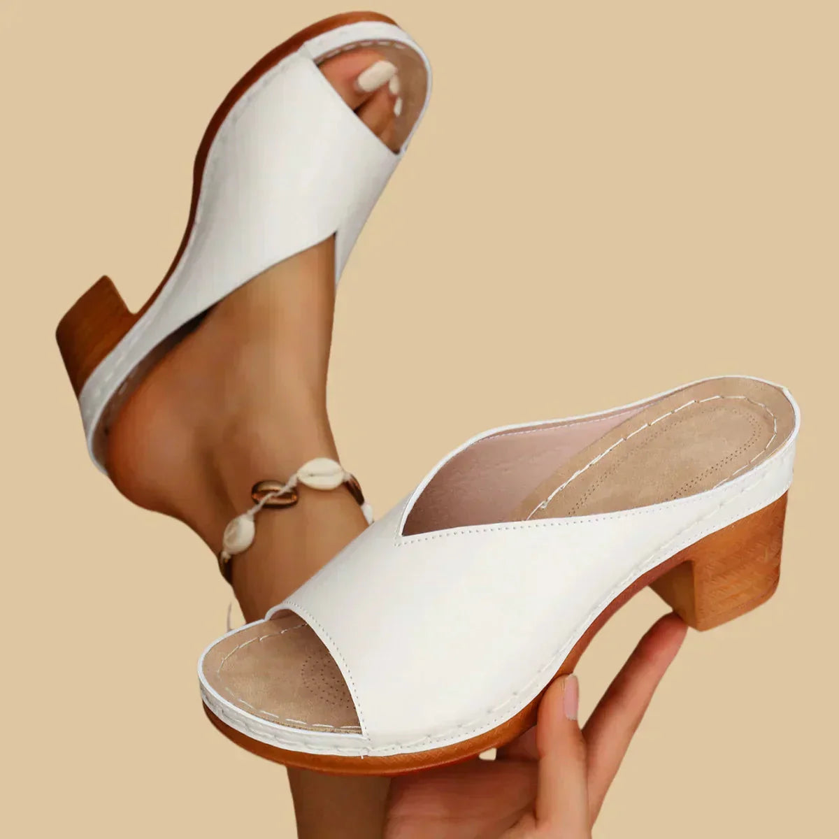 Orthopedic Slip-On Sandals with Cushioned Sole and Wooden Heel, Open Toe