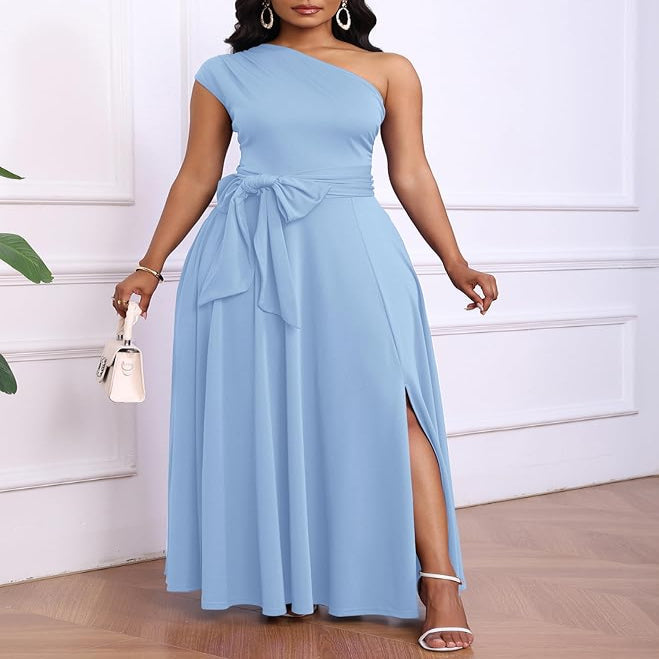 One Shoulder Black Maxi Dress with Side Pockets and Adjustable Belt