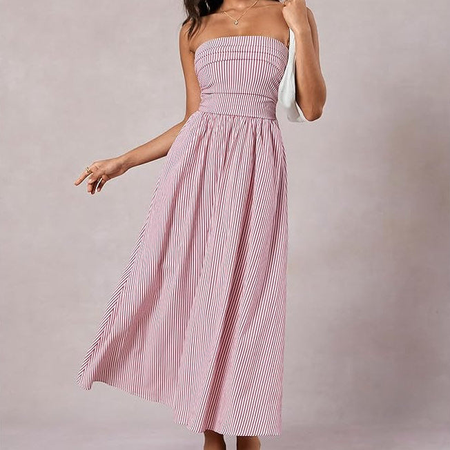 Strapless Fit and Flare Maxi with Elastic Smocked Waist and Side Pockets - Vertical Striped