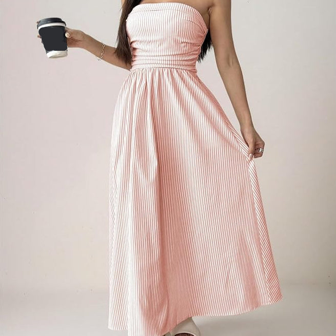 Strapless Fit and Flare Maxi with Elastic Smocked Waist and Side Pockets - Vertical Striped