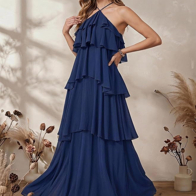 Sleeveless Swing Maxi Dress with Halter Neckline and Tiered Ruffles, Backless