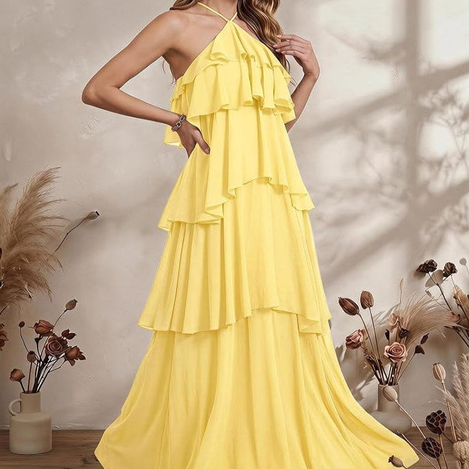 Sleeveless Swing Maxi Dress with Halter Neckline and Tiered Ruffles, Backless