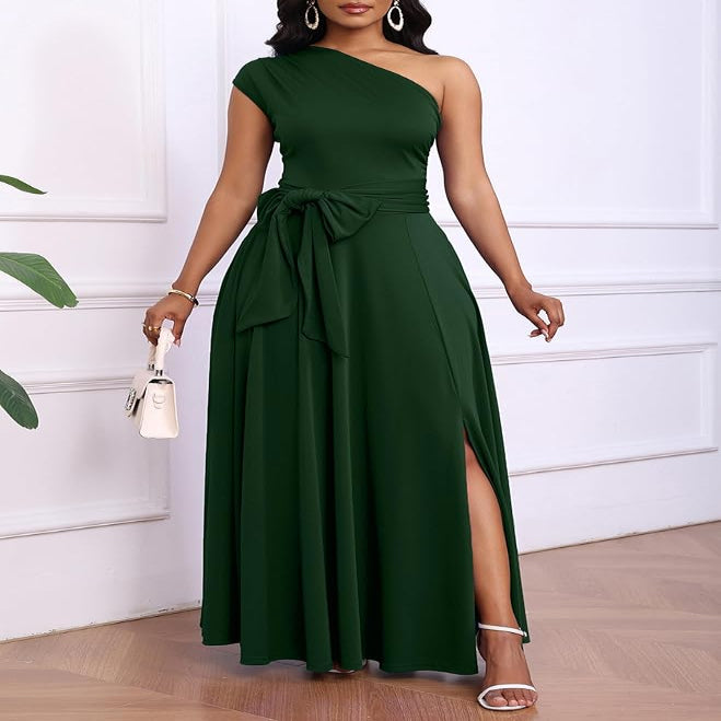One Shoulder Black Maxi Dress with Side Pockets and Adjustable Belt