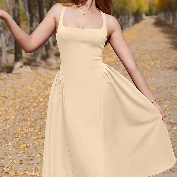 Womens Off Shoulder Midi Party Dress with Square Neckline and Pleated A Line Skirt