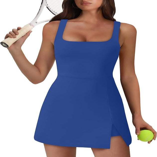 Sleeveless Athletic Dress with Built-in Shorts and Side Pockets, Square Neckline