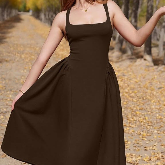 Womens Off Shoulder Midi Party Dress with Square Neckline and Pleated A Line Skirt