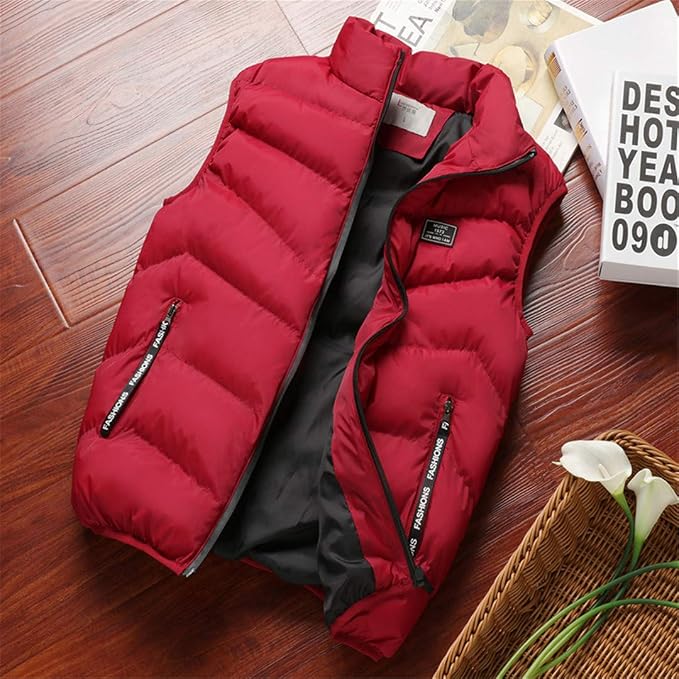 Mens Quilted Puffer Vest with Stand Collar and Zip-Front Closure