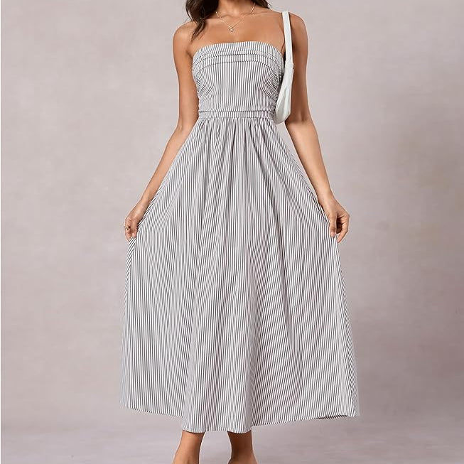 Strapless Fit and Flare Maxi with Elastic Smocked Waist and Side Pockets - Vertical Striped