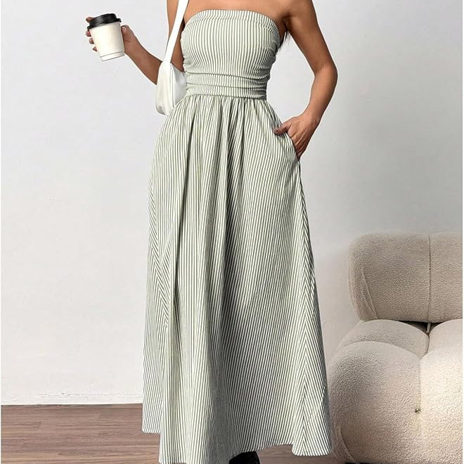 Strapless Fit and Flare Maxi with Elastic Smocked Waist and Side Pockets - Vertical Striped