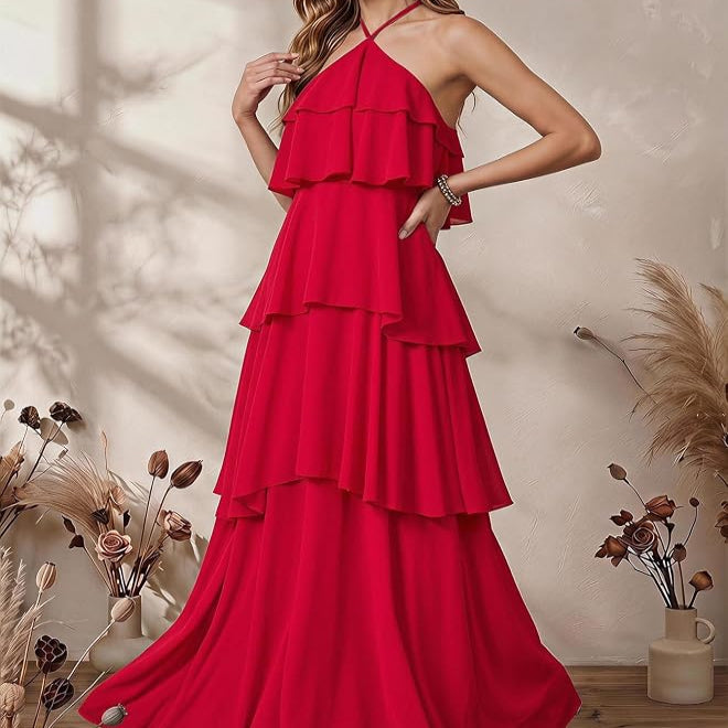 Sleeveless Swing Maxi Dress with Halter Neckline and Tiered Ruffles, Backless