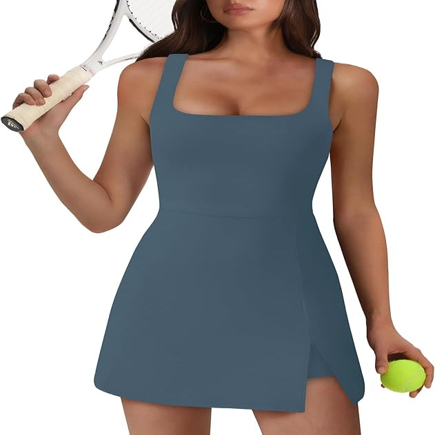 Sleeveless Athletic Dress with Built-in Shorts and Side Pockets, Square Neckline