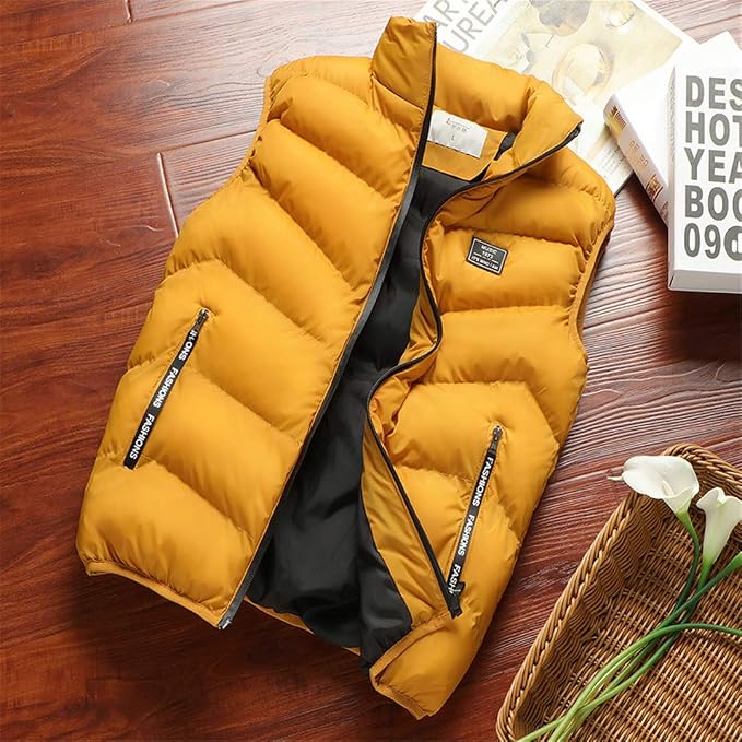 Mens Quilted Puffer Vest with Stand Collar and Zip-Front Closure