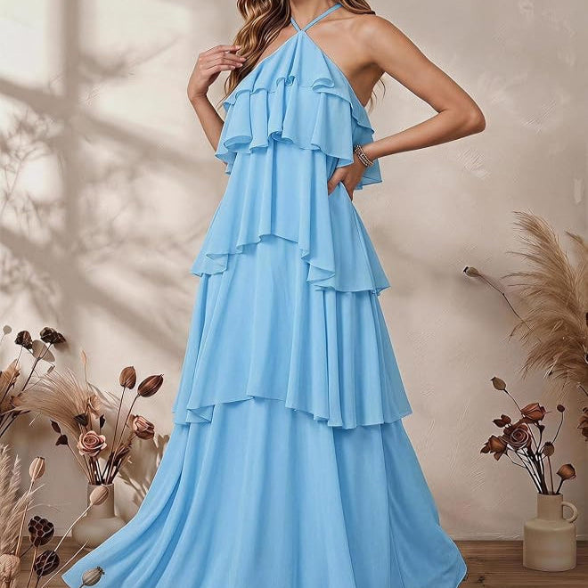 Sleeveless Swing Maxi Dress with Halter Neckline and Tiered Ruffles, Backless