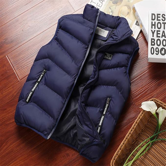 Mens Quilted Puffer Vest with Stand Collar and Zip-Front Closure