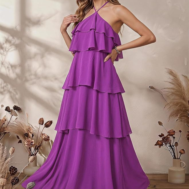 Sleeveless Swing Maxi Dress with Halter Neckline and Tiered Ruffles, Backless