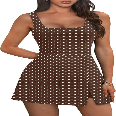 Sleeveless Athletic Dress with Built-in Shorts and Side Pockets, Square Neckline