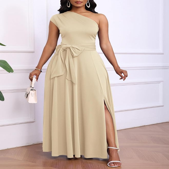 One Shoulder Black Maxi Dress with Side Pockets and Adjustable Belt
