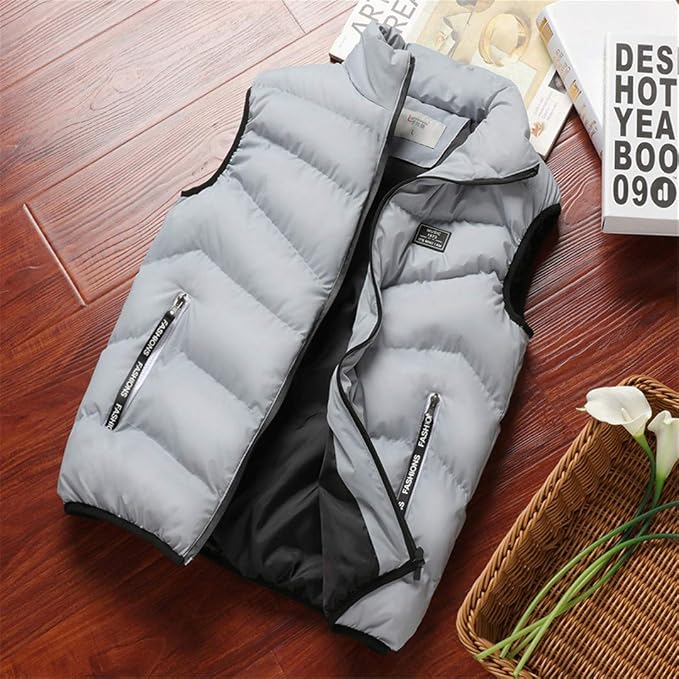 Mens Quilted Puffer Vest with Stand Collar and Zip-Front Closure