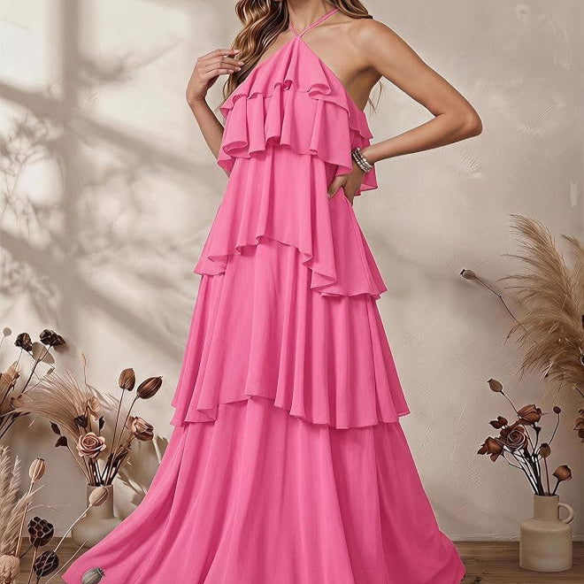 Sleeveless Swing Maxi Dress with Halter Neckline and Tiered Ruffles, Backless
