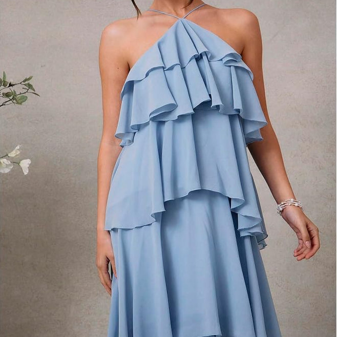 Sleeveless Swing Maxi Dress with Halter Neckline and Tiered Ruffles, Backless