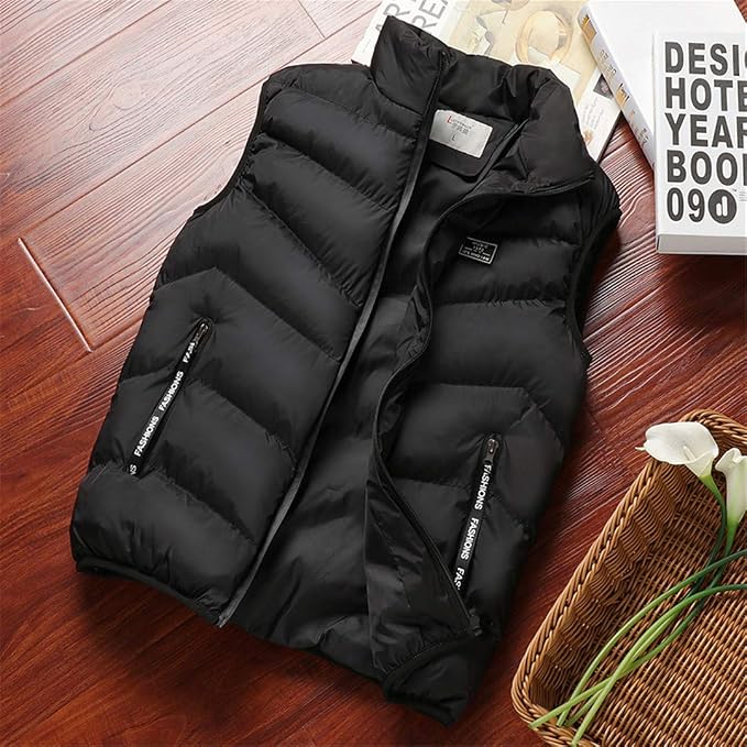Mens Quilted Puffer Vest with Stand Collar and Zip-Front Closure
