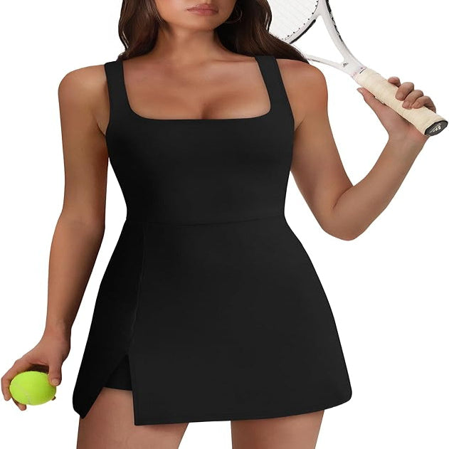 Sleeveless Athletic Dress with Built-in Shorts and Side Pockets, Square Neckline