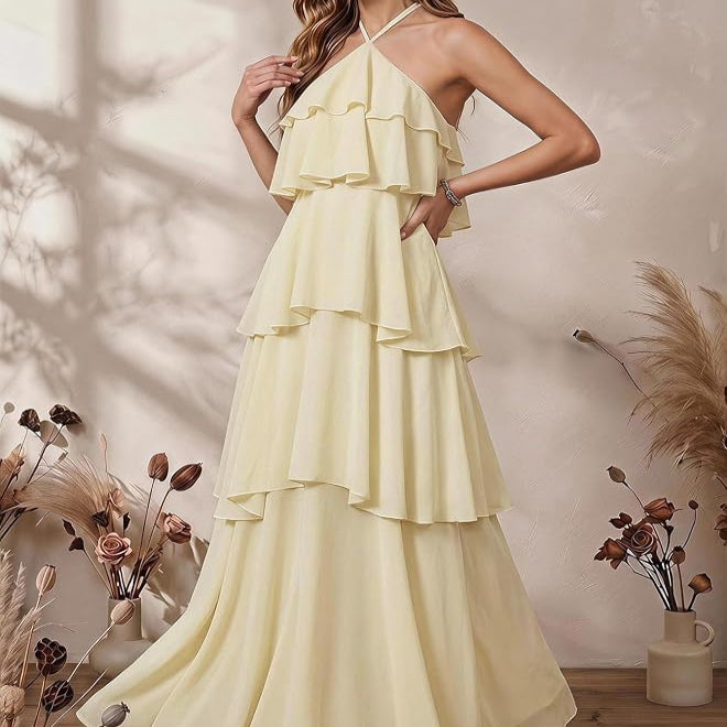 Sleeveless Swing Maxi Dress with Halter Neckline and Tiered Ruffles, Backless
