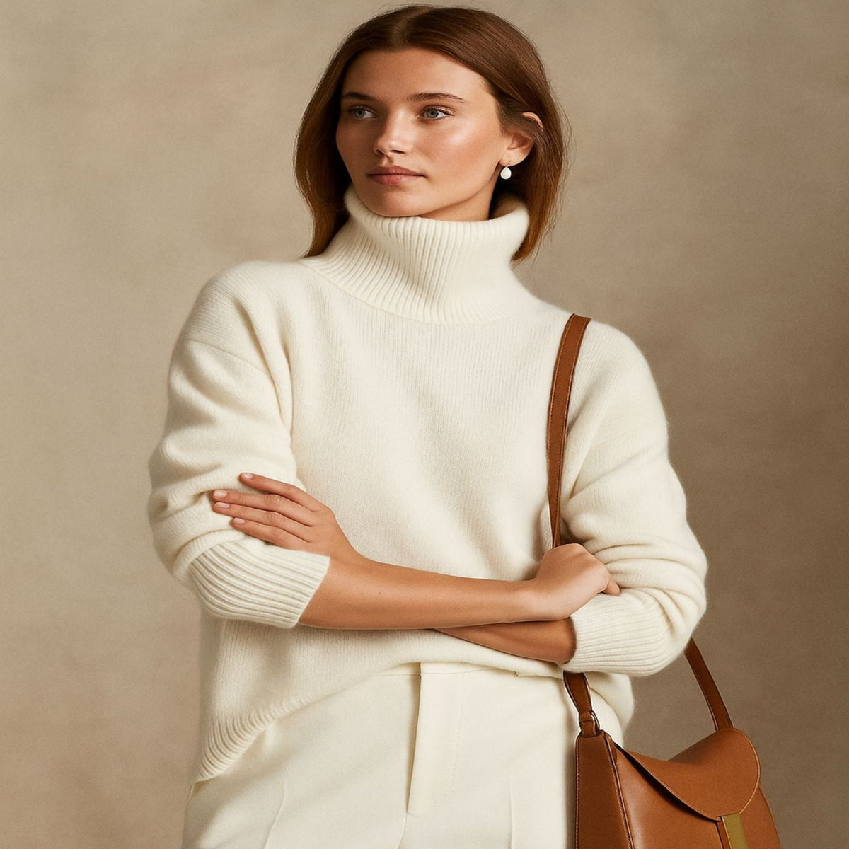 Turtleneck Sweater with Dropped Shoulders and Ribbed Trim for Women - Long Sleeves